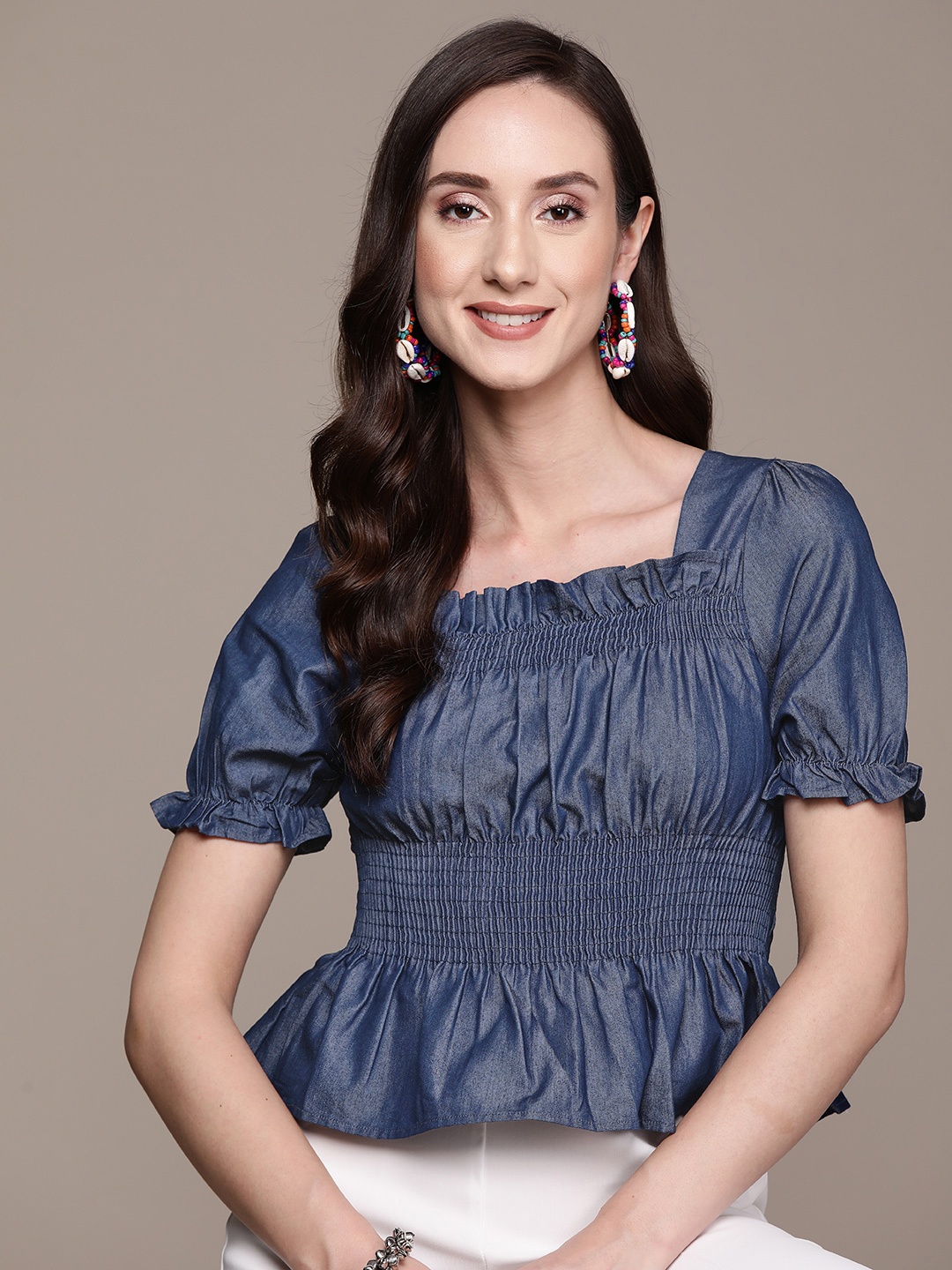

Ishin Navy Blue Denim Peplum Crop Top