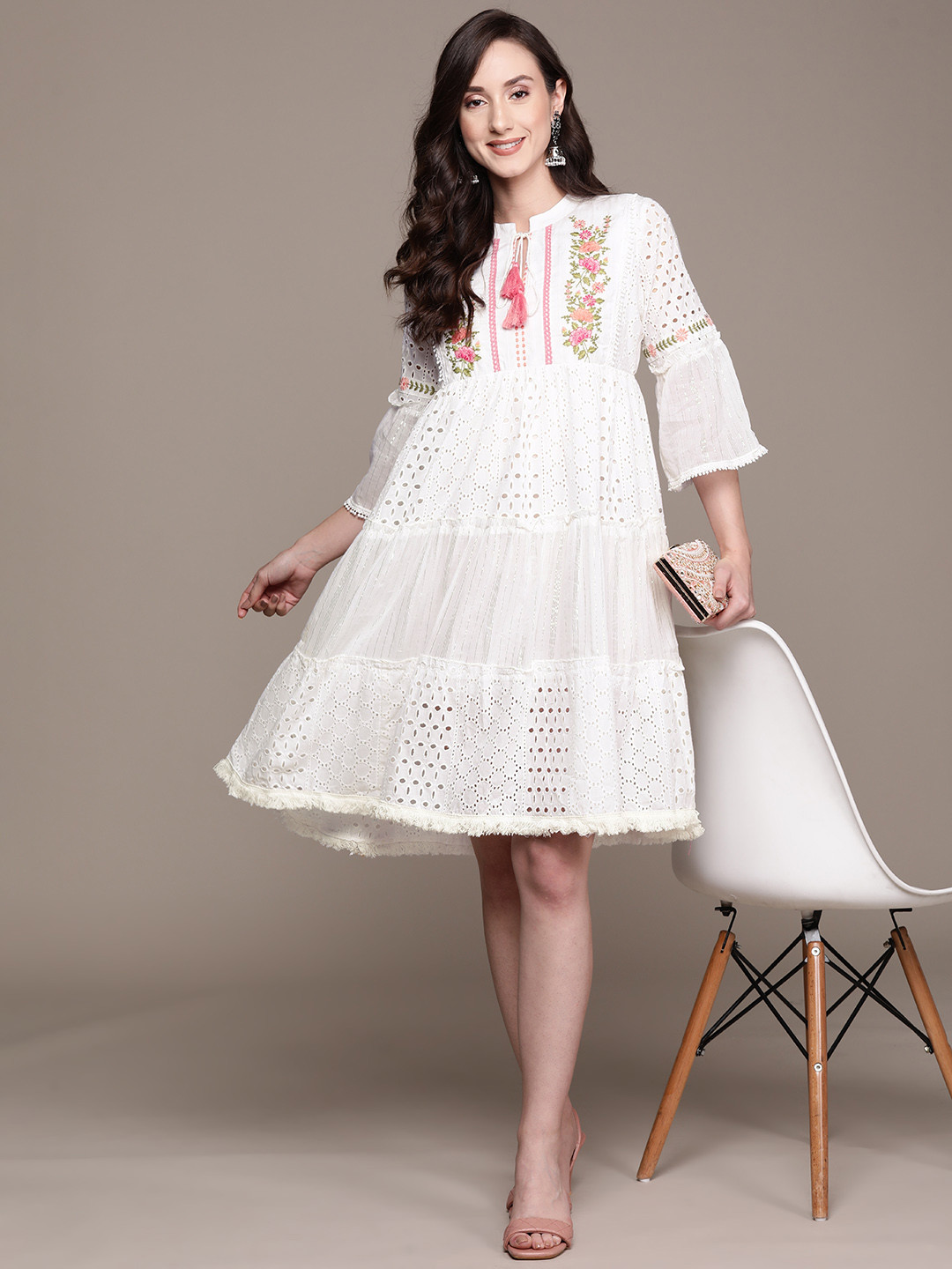 

Ishin White Floral Embroidered A-Line Dress