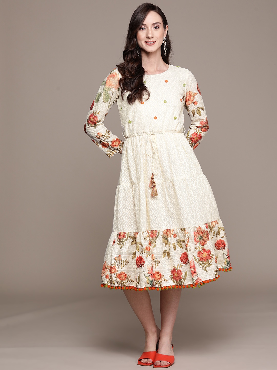 

Ishin White & Red Floral Embroidered Cotton A-Line Midi Dress