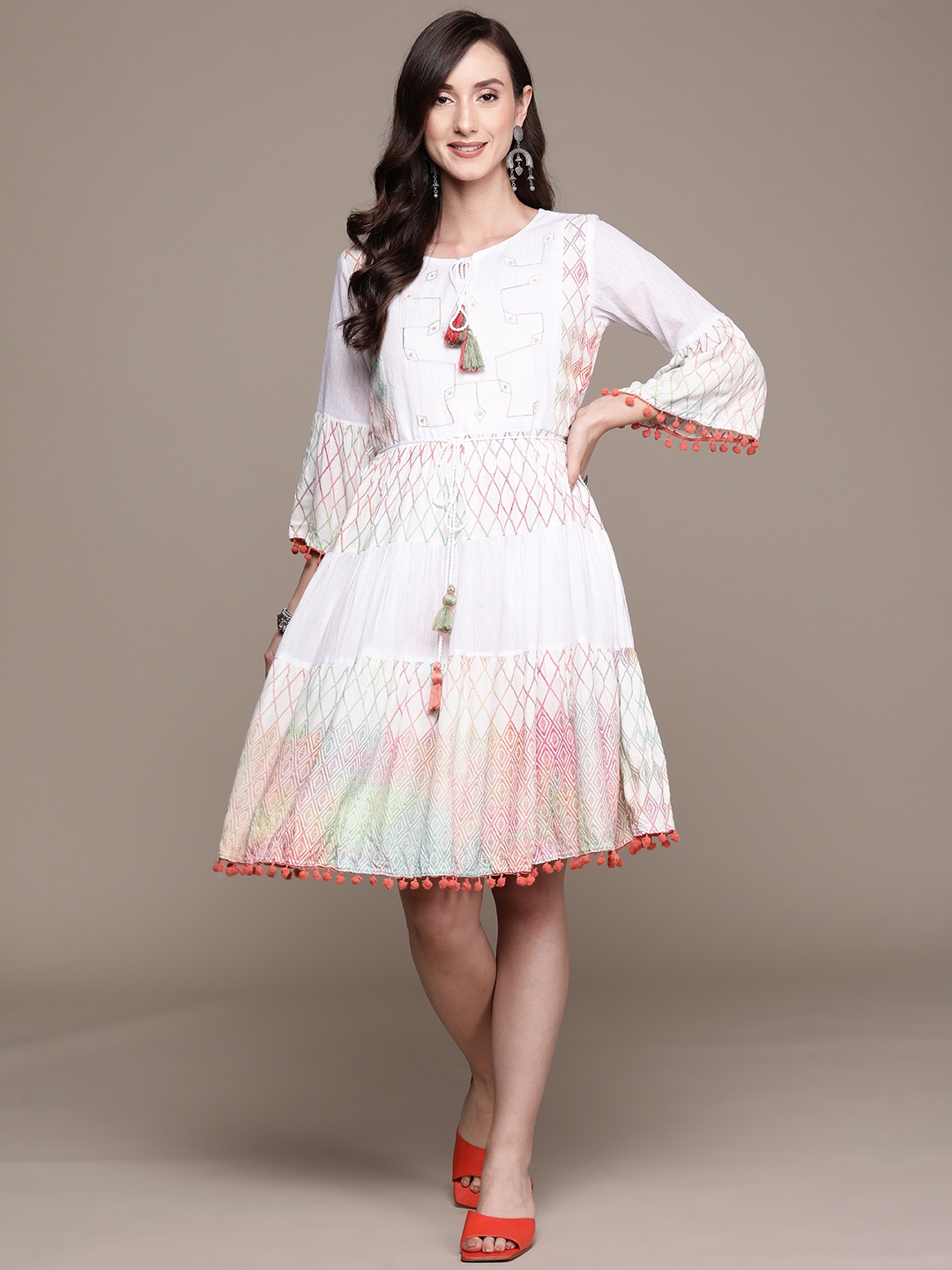 

Ishin Off White Embroidered Tie-Up Neck Cotton A-Line Dress