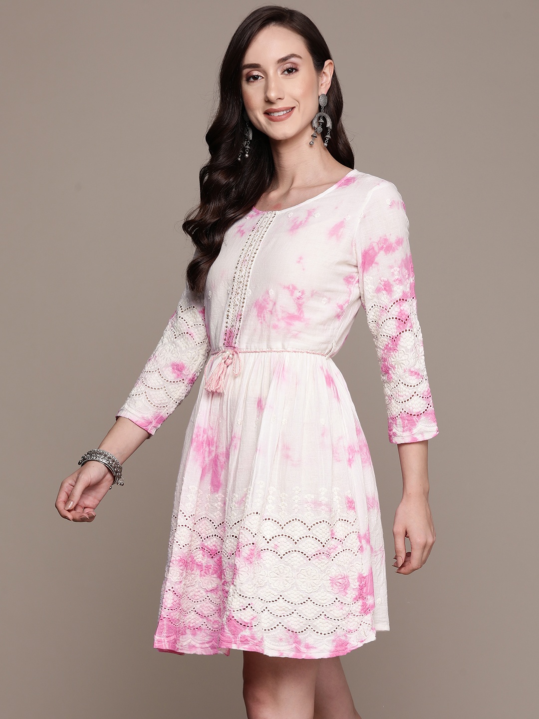 

Ishin White & Pink Tie and Dye Schiffli A-Line Dress