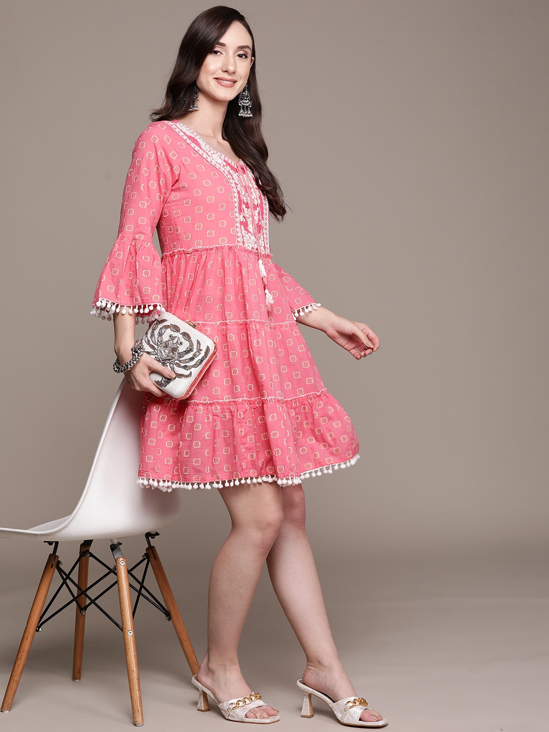 

Ishin Pink Floral Tie-Up Neck A-Line Dress