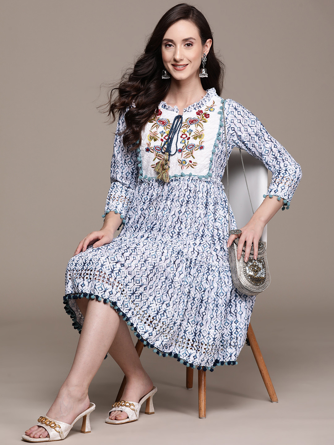 

Ishin White & Blue Embroidered Tie-Up Neck A-Line Dress