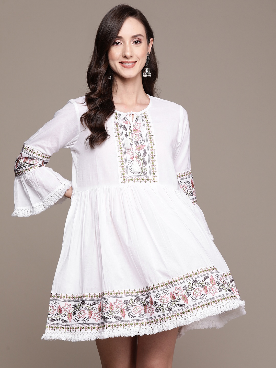 

Ishin White Floral Embroidered A-Line Dress