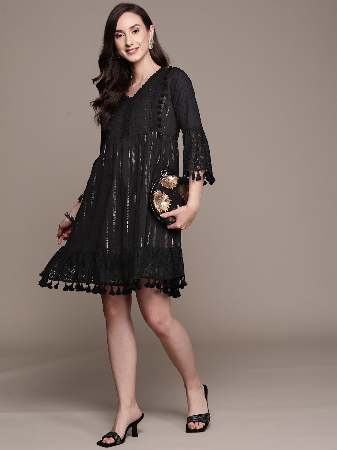 

Ishin Black & Gold-Toned Embellished Empire Dress