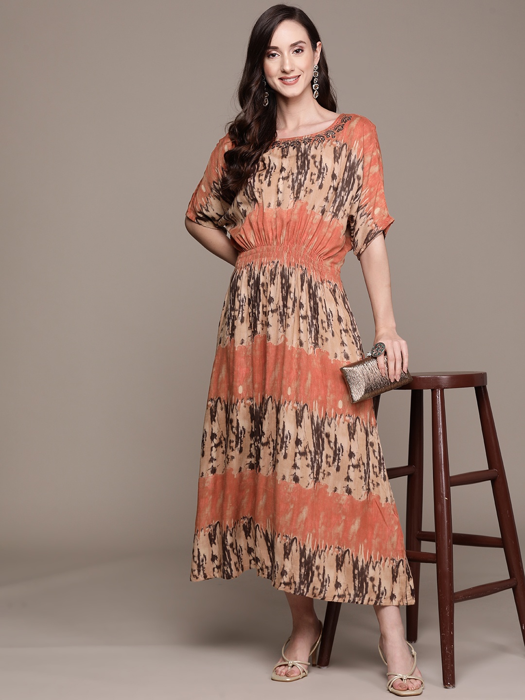 

Ishin Orange & Beige Empire Maxi Dress