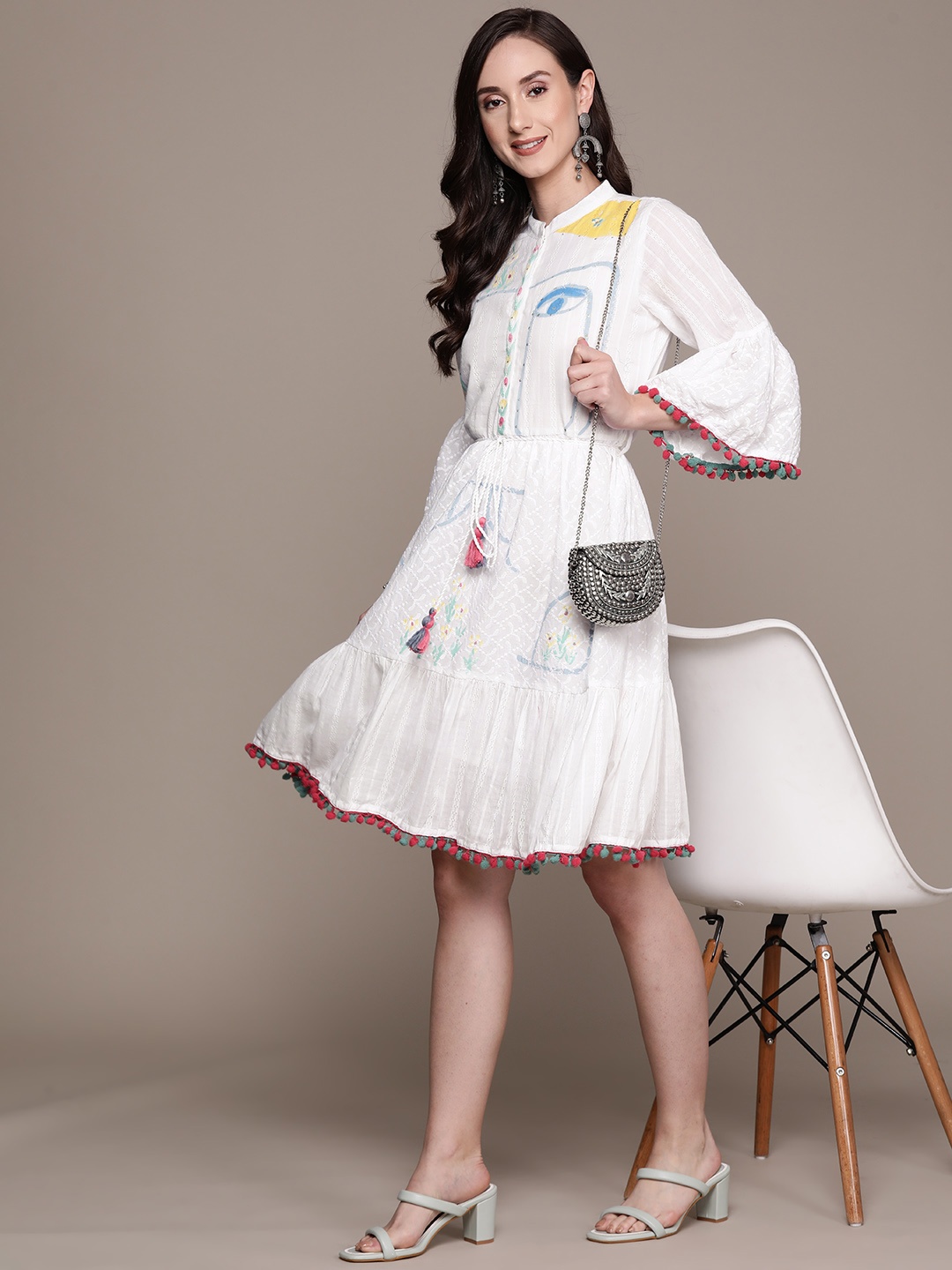 

Ishin Off White Floral Embroidered A-Line Dress