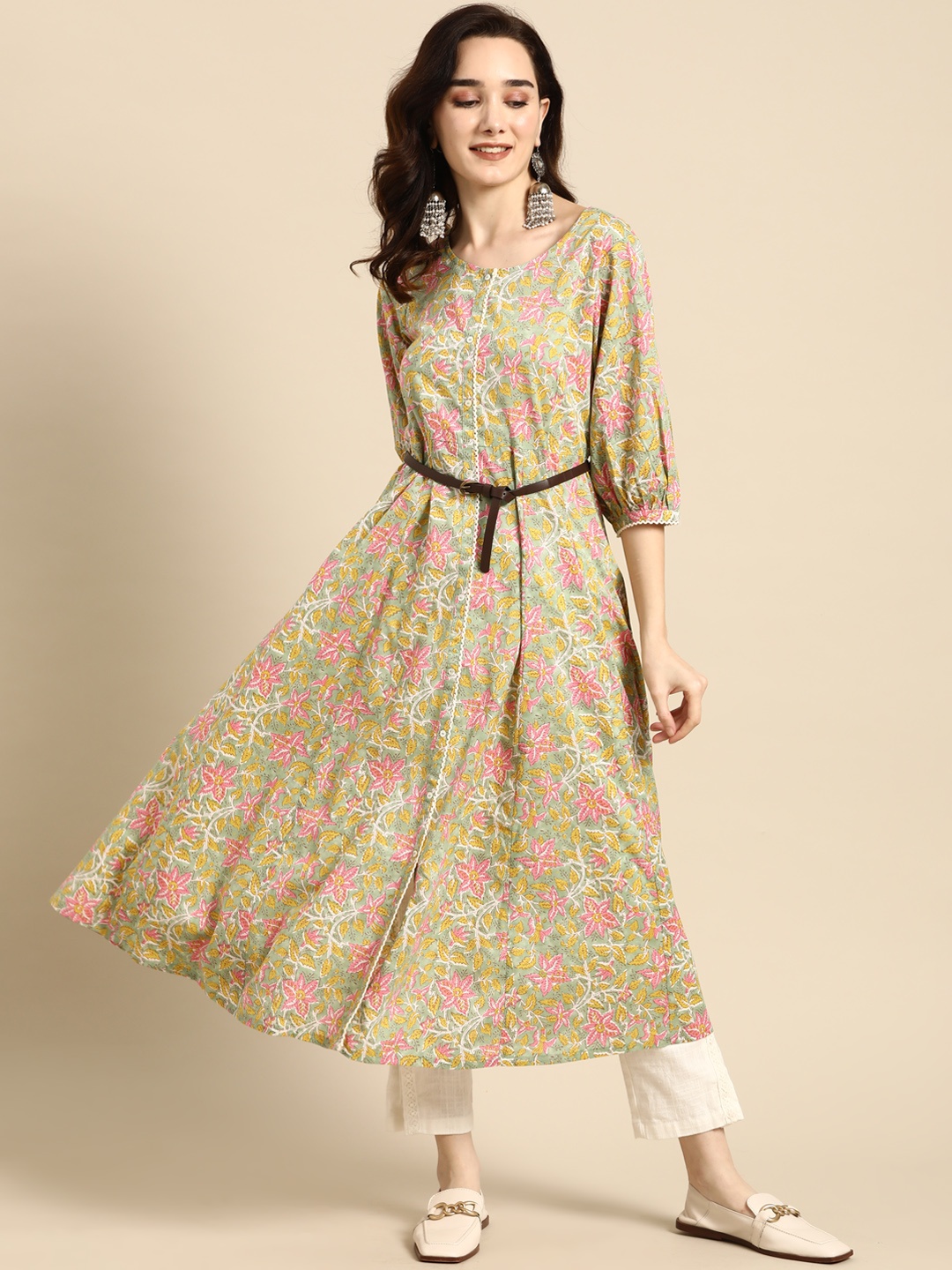

Sangria Women Sage Green & Pink Ethnic Motifs Printed Kurta