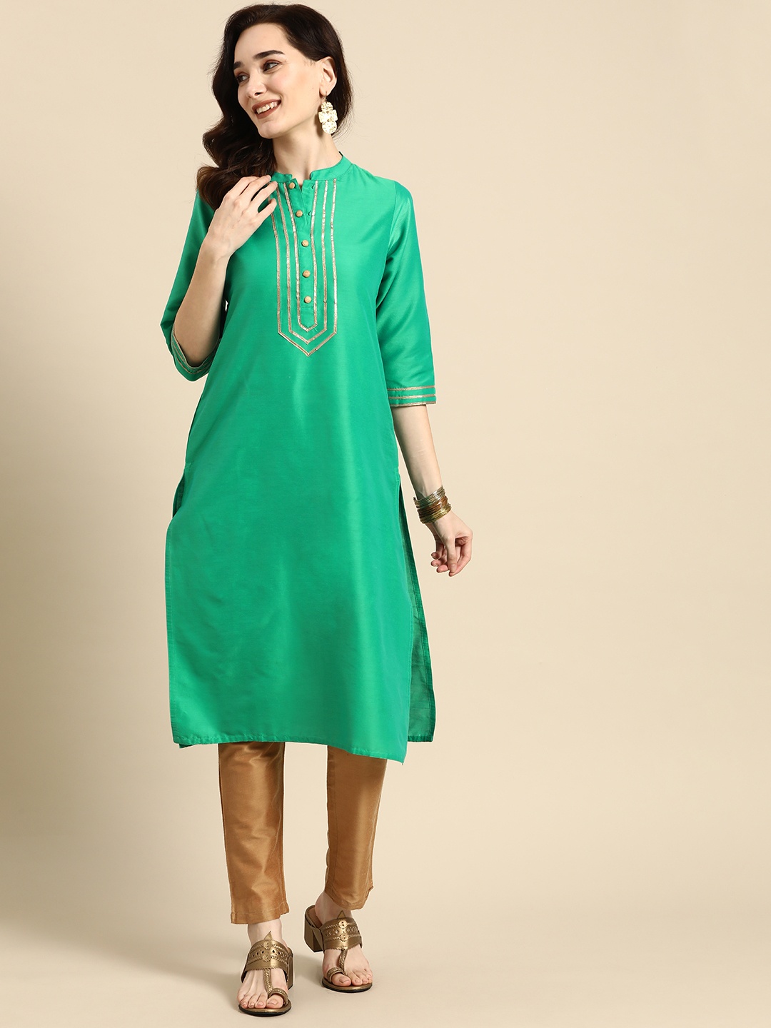 

Sangria Women Green Yoke Design Gotta Patti Kurta