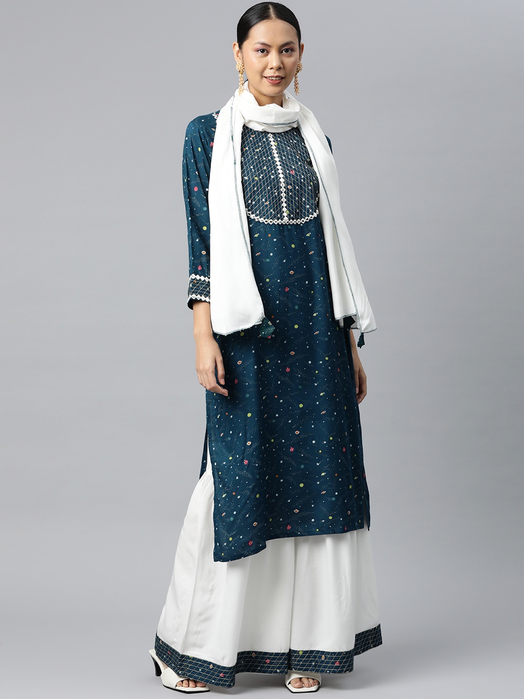 

Nirkhi Women Blue Embroidered Kurta with Sharara & With Dupatta