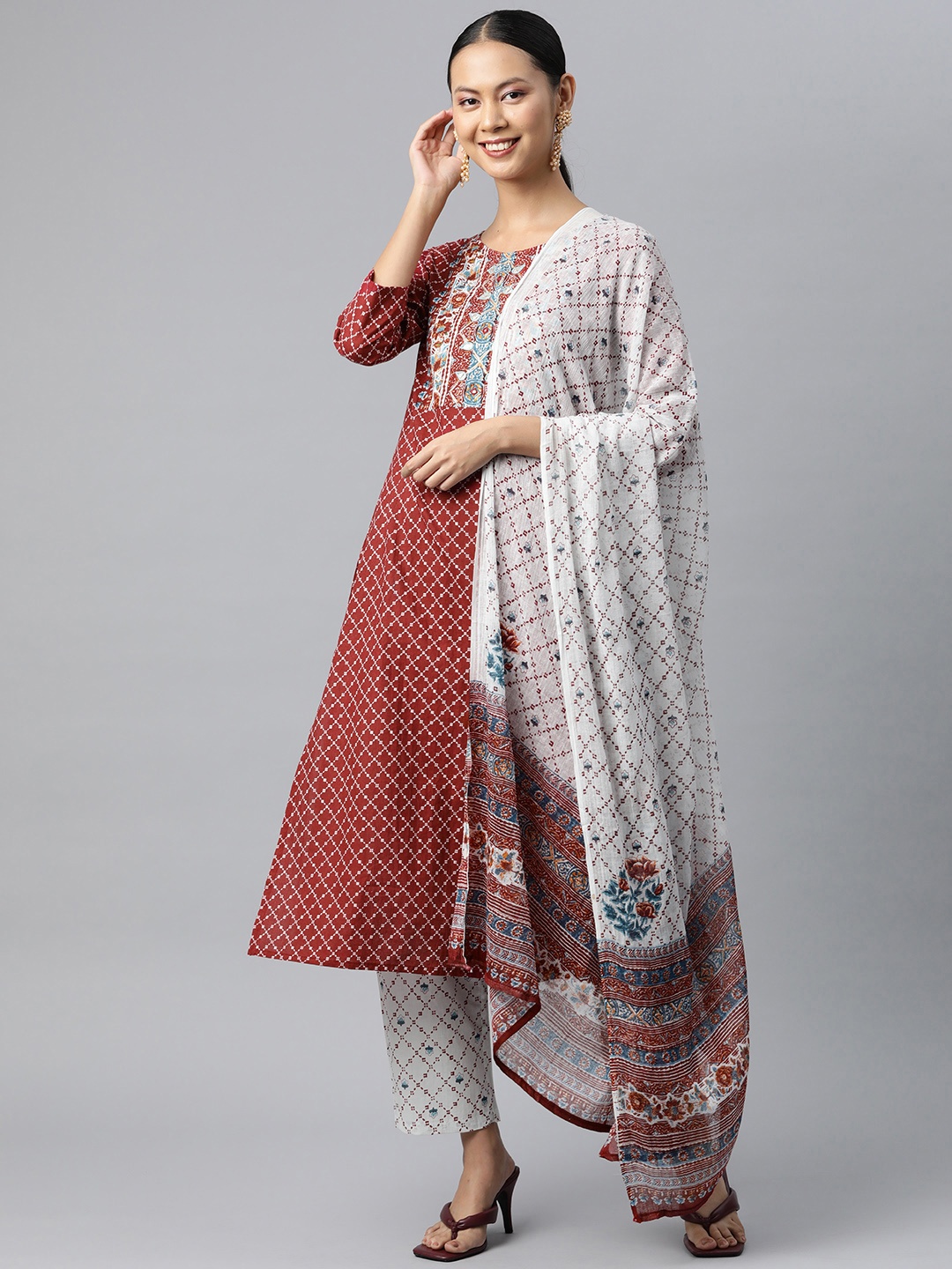 

Nirkhi Women Maroon Ethnic Motifs Printed Pure Cotton Kurta with Palazzos & With Dupatta