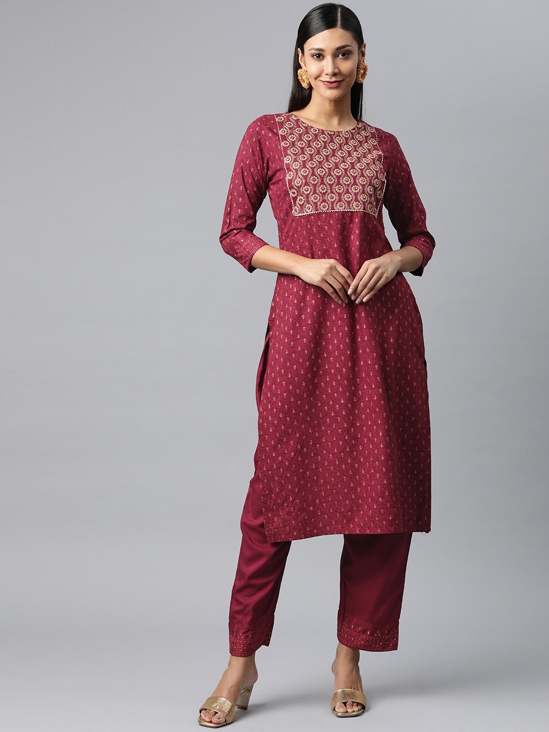 

Nirkhi Women Maroon Ethnic Motifs Embroidered Kurta with Palazzos