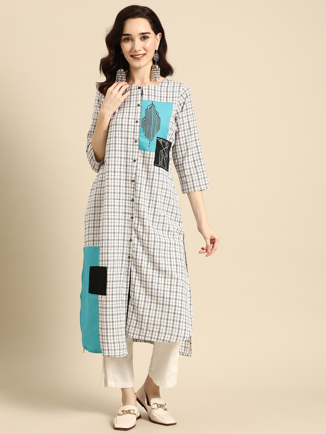 

Sangria Women White & Sea Green Checked Patchwork Cotton Kurta