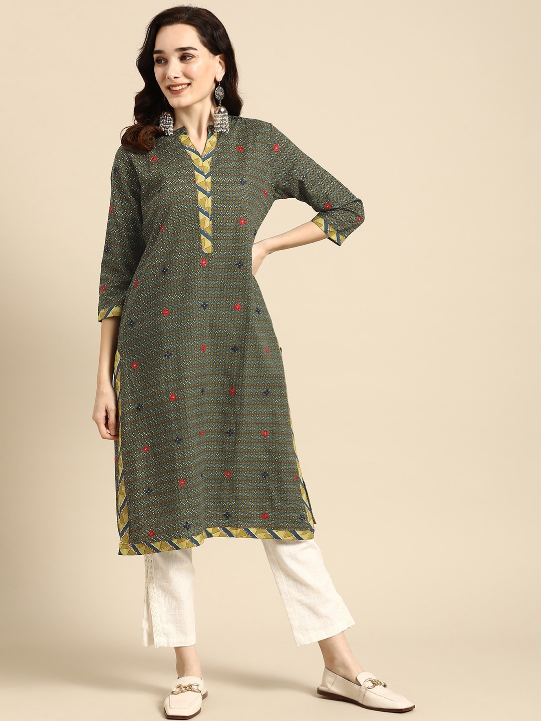 

Sangria Women Olive Green & Navy Blue Ethnic Motifs Printed Mirror Work Cotton Kurta