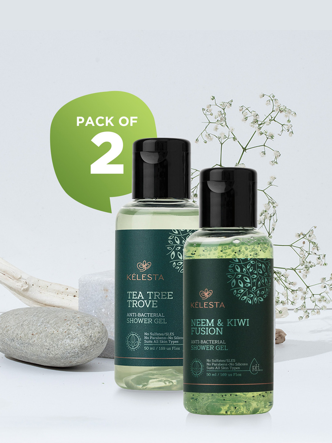 

KELESTA Pack of 2 Tea Tree Shower Gel 50ml each, Green