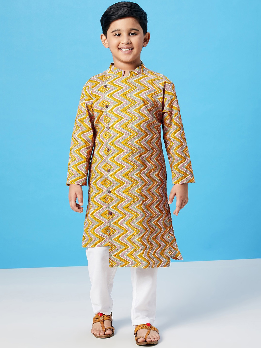 

Stylo Bug Boys Yellow Striped Angrakha Pure Cotton Kurta with Pyjamas