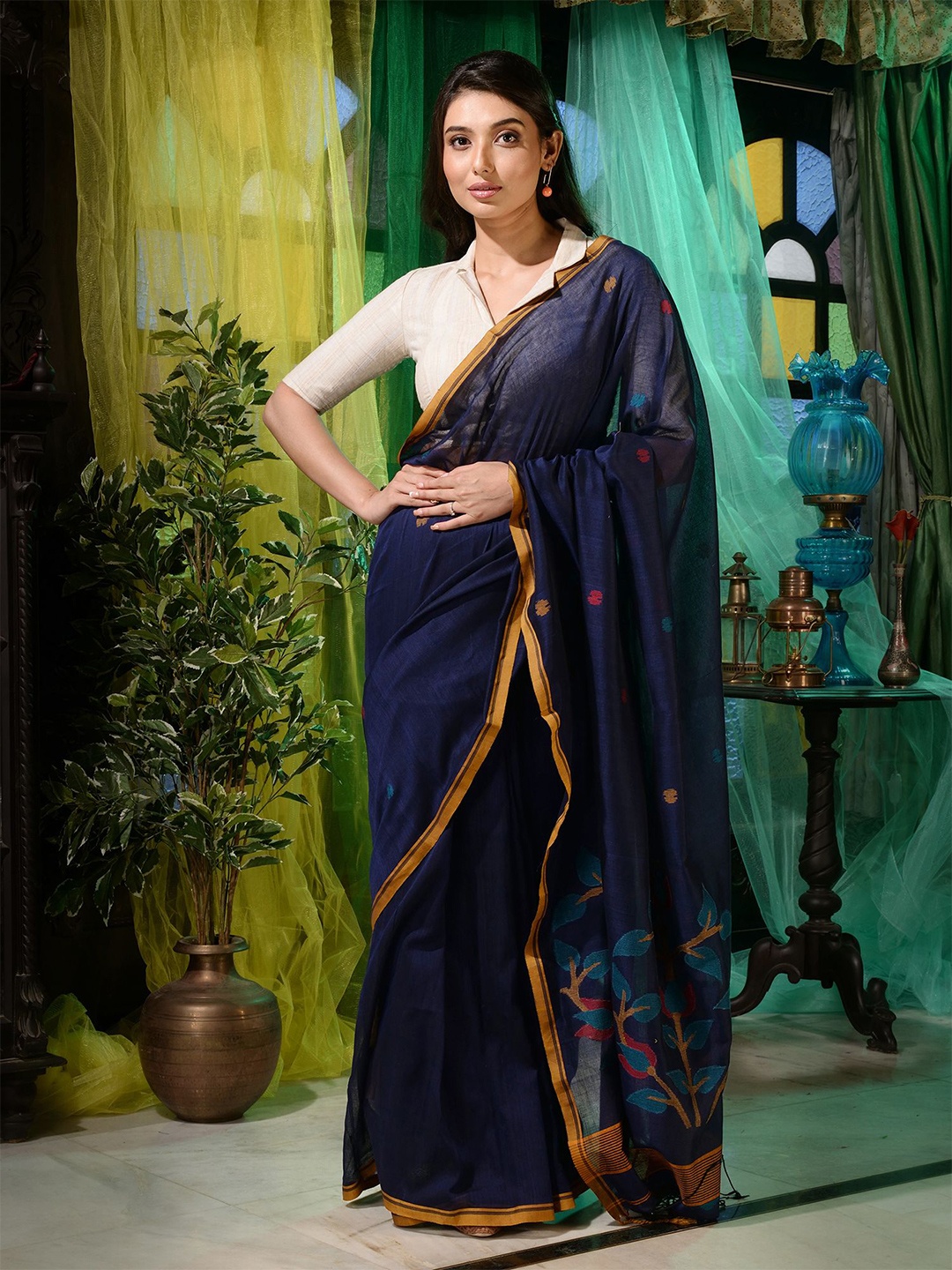 

Charukriti Blue & Gold-Toned Woven Design Pure Cotton Saree