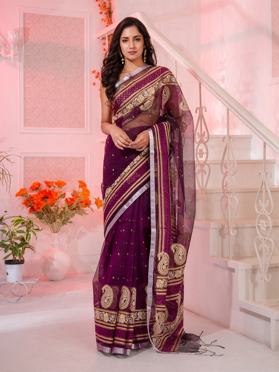 

Charukriti Magenta & Beige Woven Design Pure Silk Saree With Blowse
