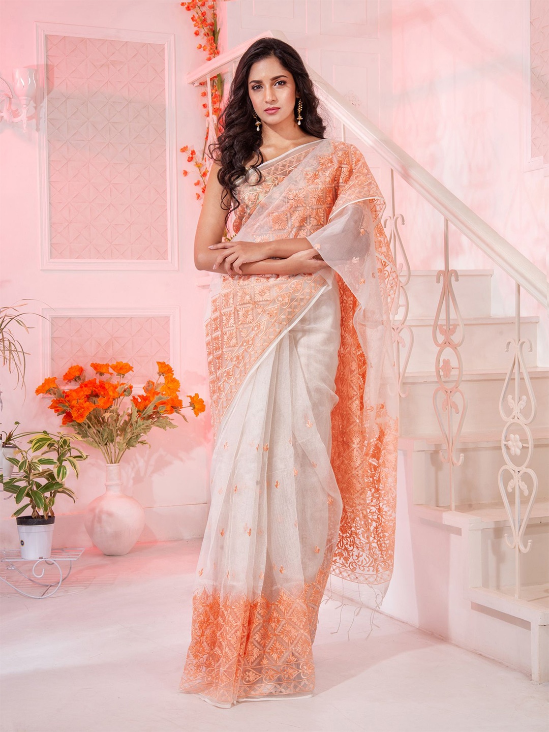 

Charukriti White & Orange Woven Design Pure Silk Saree
