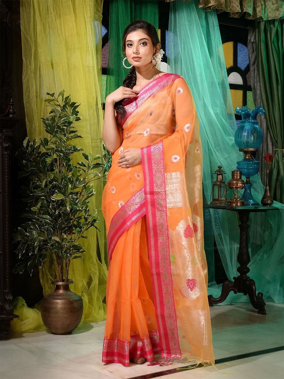 

Charukriti Orange & Pink Woven Design Zari Pure Silk Saree