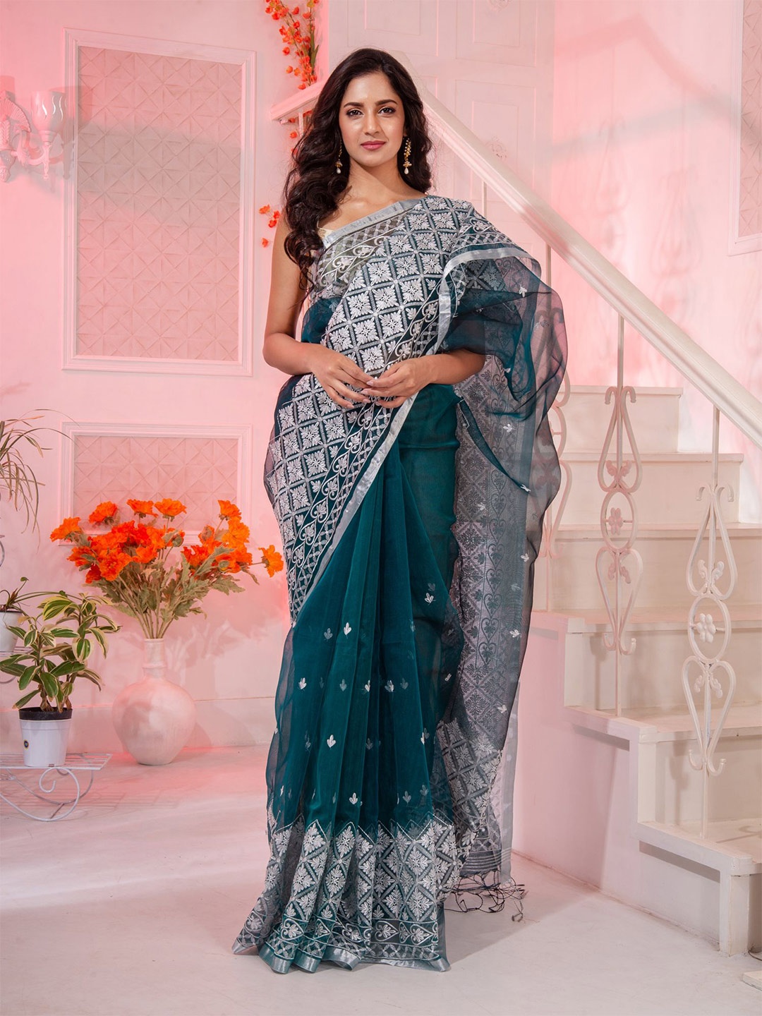 

Charukriti Teal & White Pure Silk soft Saree