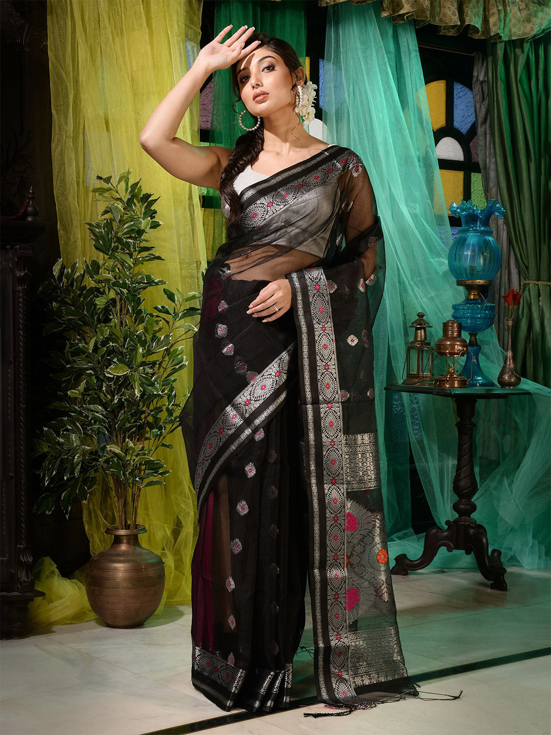 

Charukriti Black & Silver-Toned Woven Design Zari Pure Silk Saree