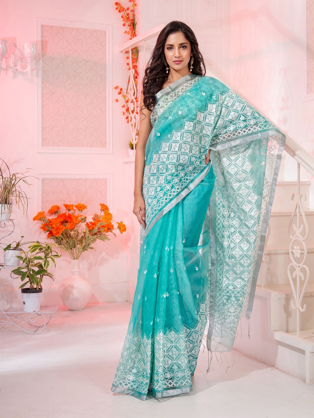 

Charukriti Blue & White Pure Silk soft Saree