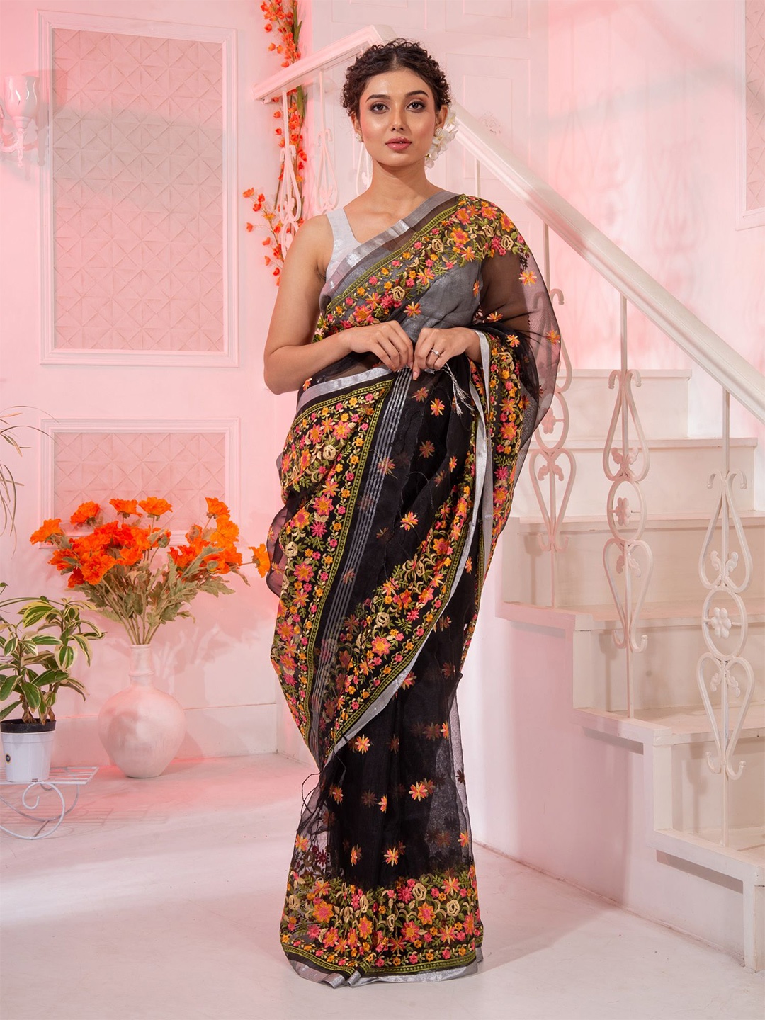 

Charukriti Black & Green Floral Embroidered Pure Silk Saree