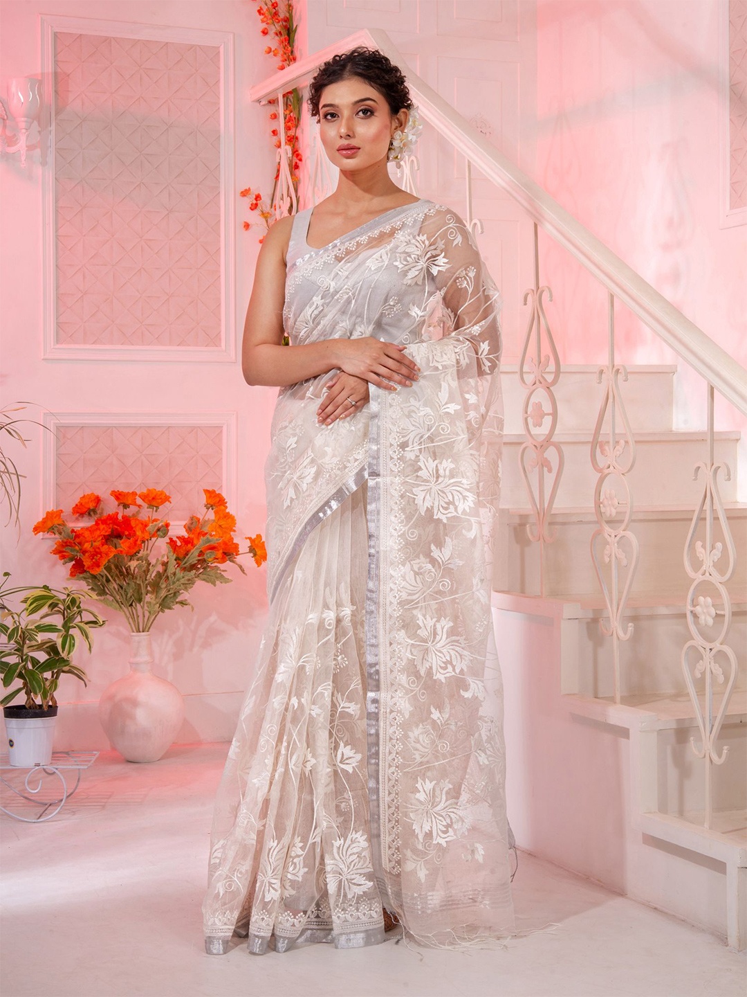 

Charukriti White & Silver-Toned Woven Design Pure Silk Saree
