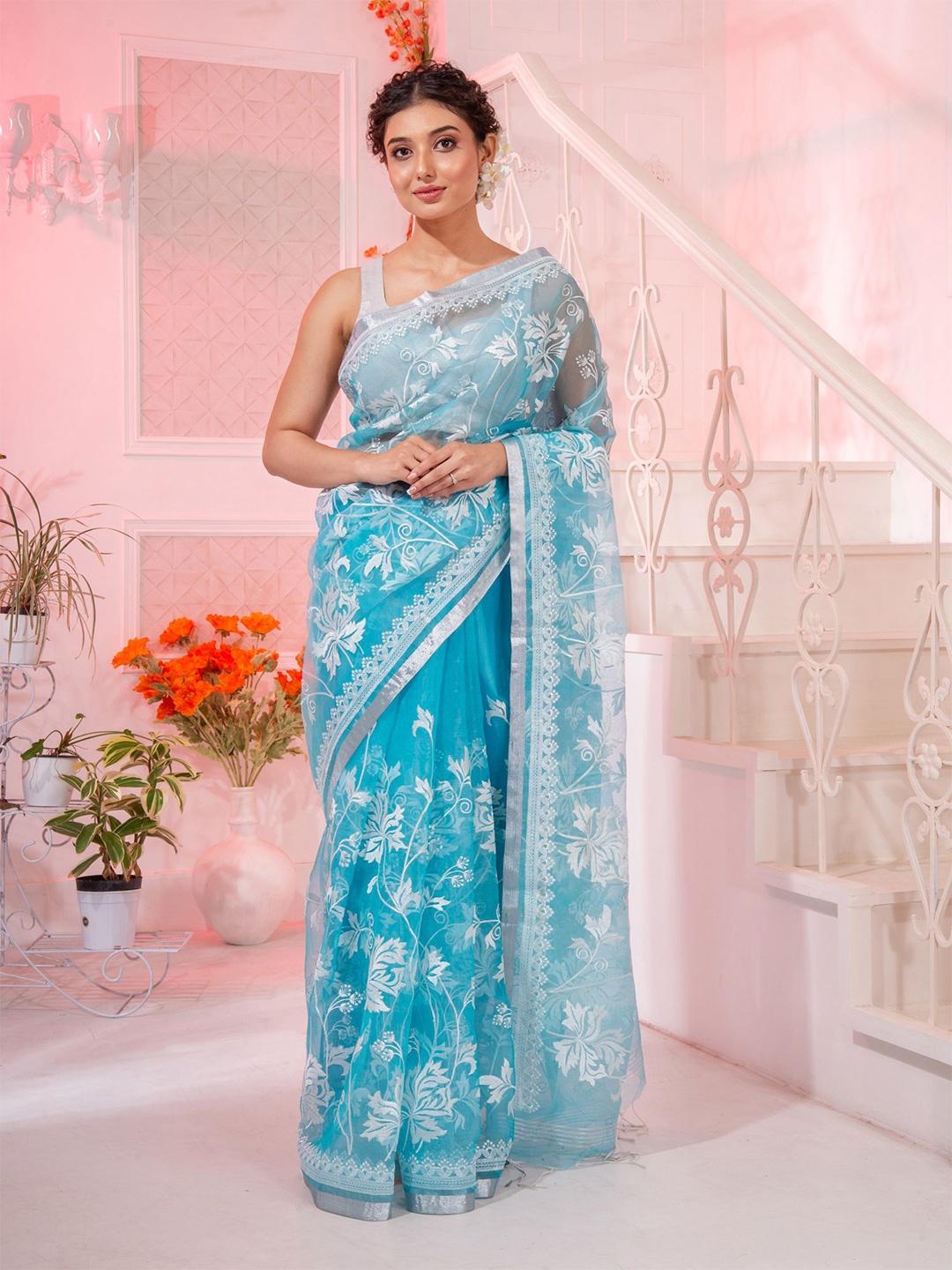 

Charukriti Blue & White Woven Design Pure Silk Saree