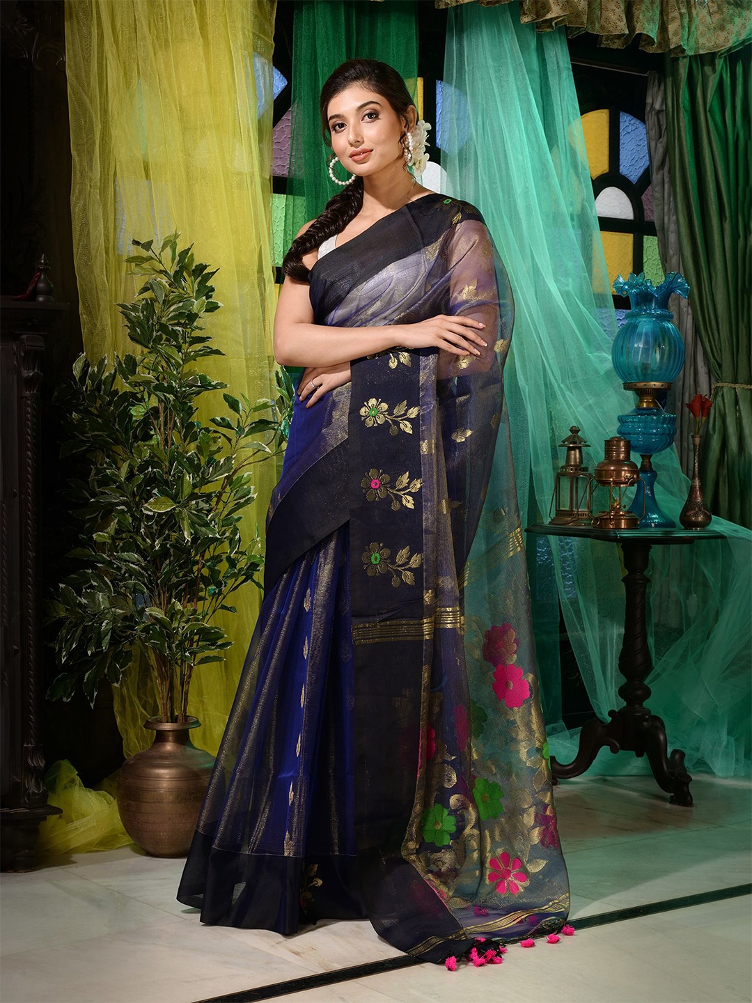 

Charukriti Blue & Green Woven Design Pure Silk Saree