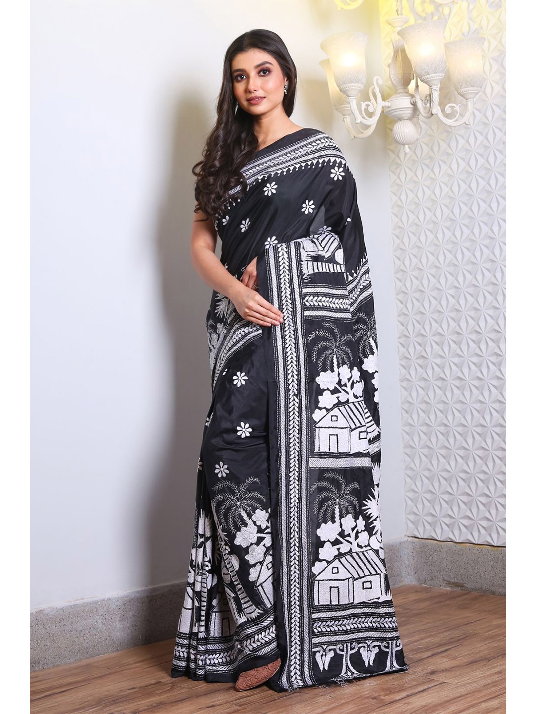 

Charukriti Black & White Woven Design Satin Saree With Unstitched Blouse Piece