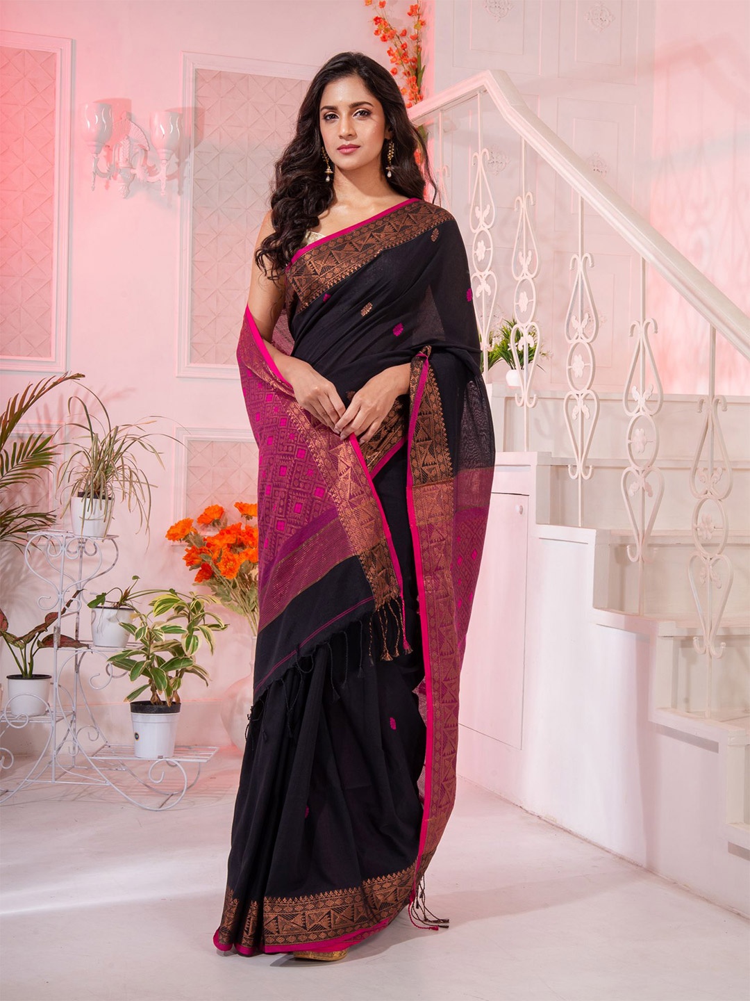 

Charukriti Women Black & Pink Woven Design Zari Pure Cotton Saree