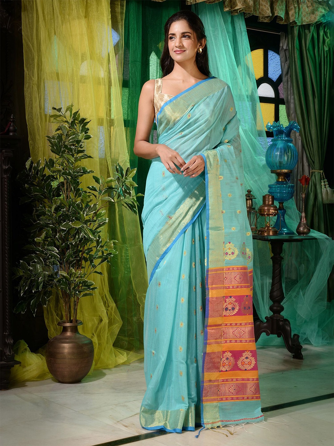 

Charukriti Blue & Pink Woven Design Pure Cotton Saree