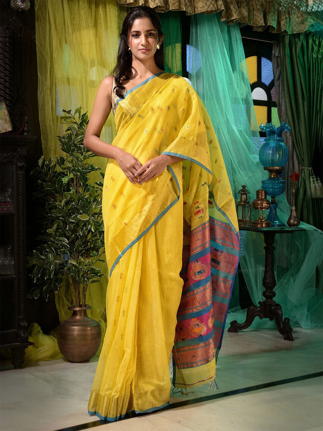 

Charukriti Yellow & Blue Woven Design Pure Cotton Saree