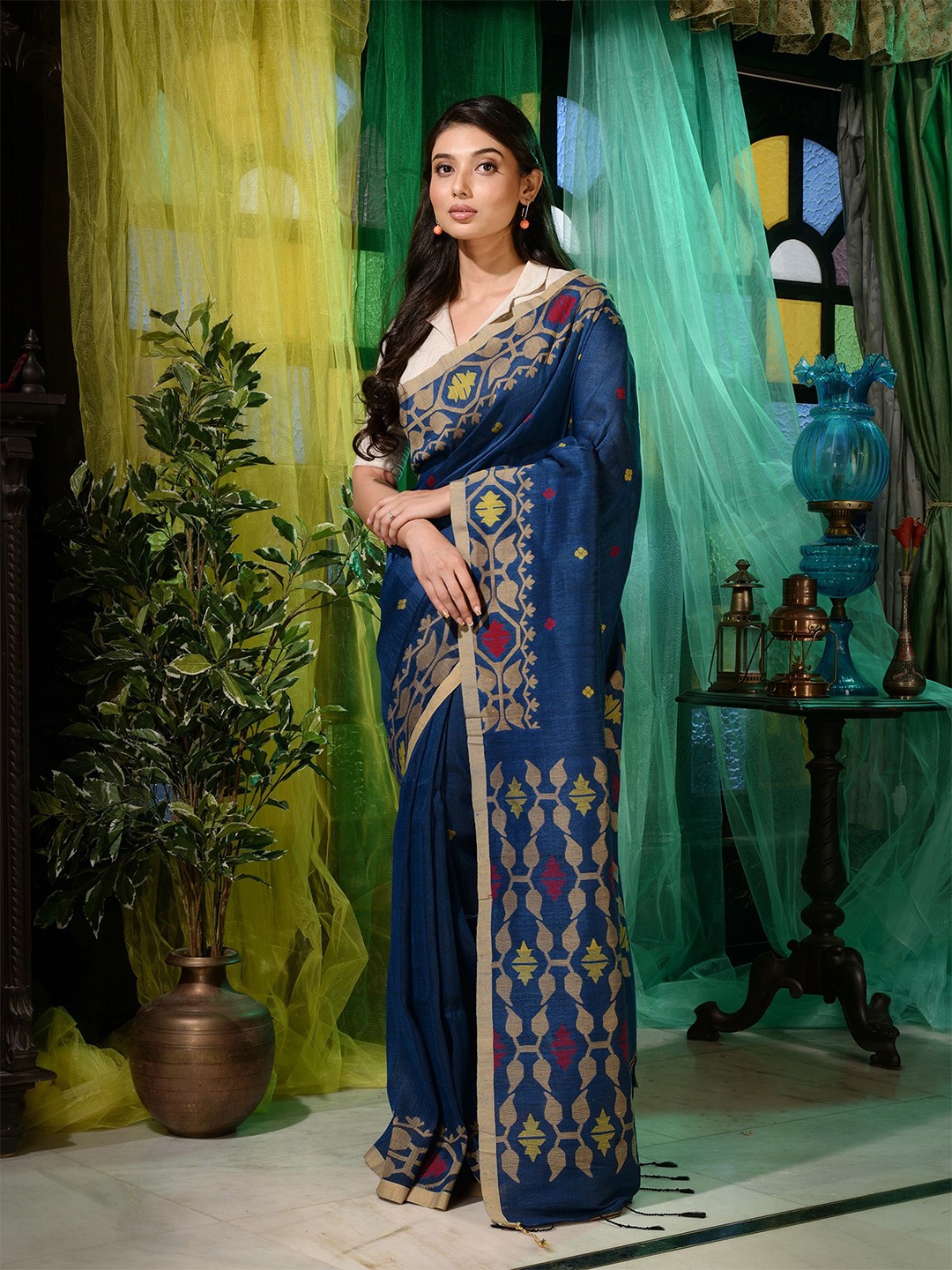 

Charukriti Blue & Brown Woven Design Pure Linen Saree