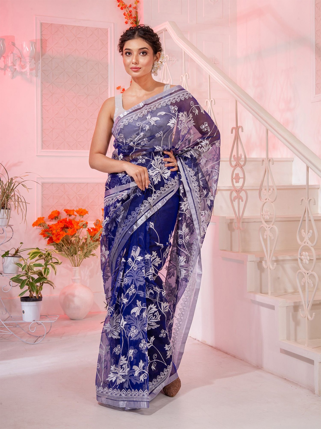 

Charukriti Blue & Grey Floral Embroidered Pure Silk Saree