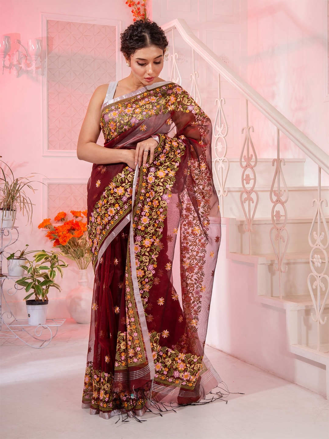 

Charukriti Maroon & Pink Floral Pure Silk soft Saree