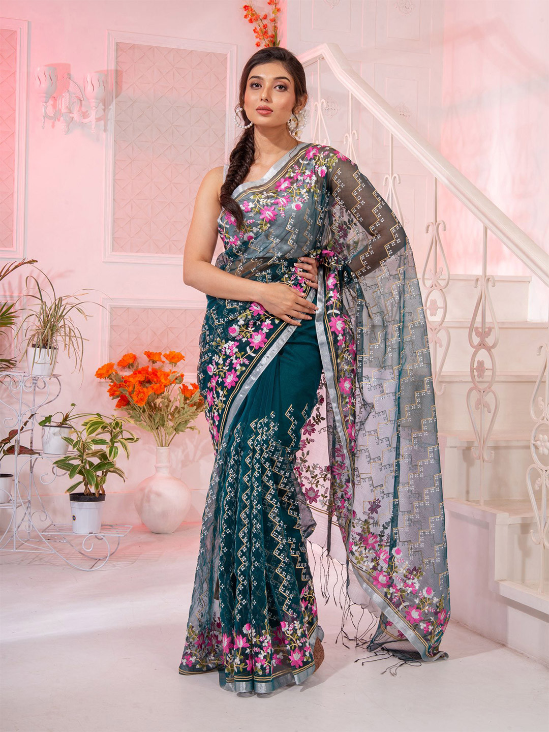 

Charukriti Teal & Pink Floral Embroidered Pure Silk Saree
