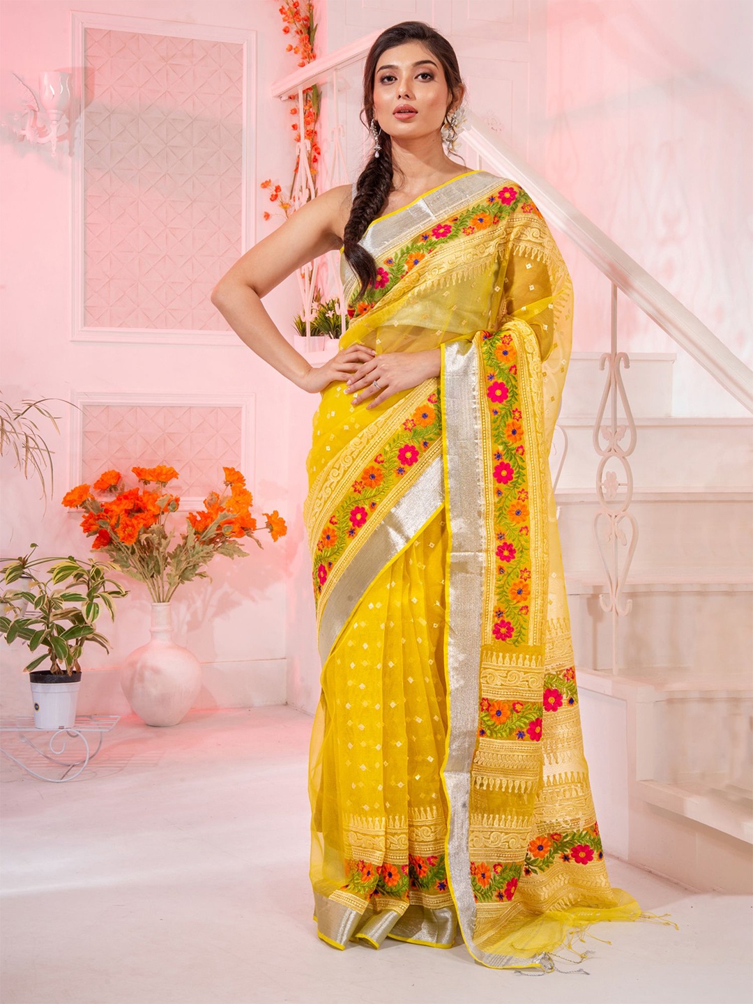 

Charukriti Yellow & Silver-Toned Woven Design Zari Pure Silk Saree