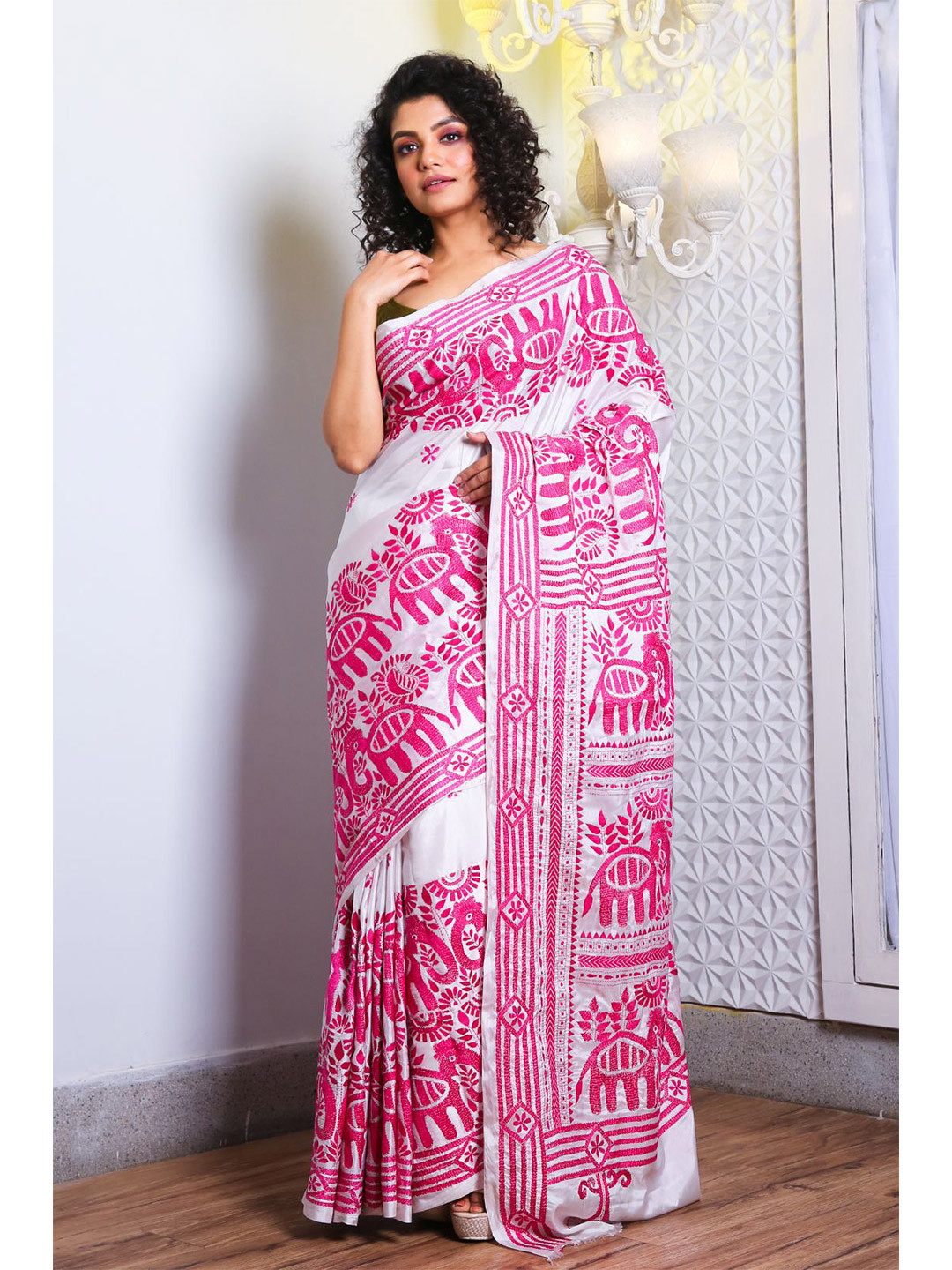 

Charukriti White & Pink Woven Design Satin Saree