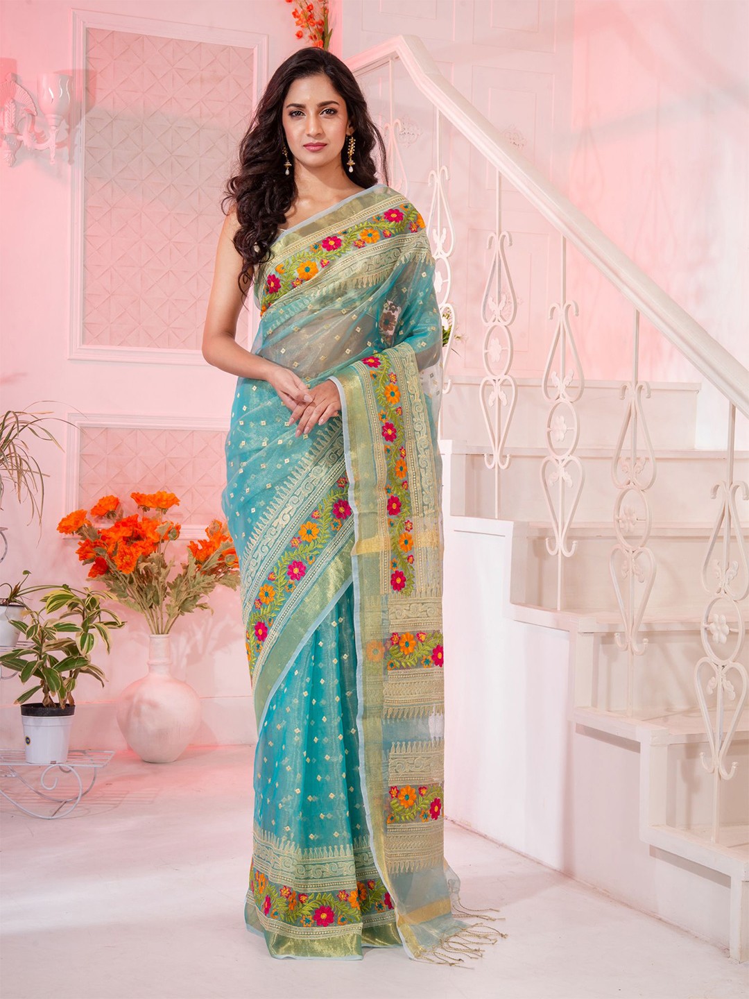 

Charukriti Blue & Green Woven Design Zari Pure Silk Saree