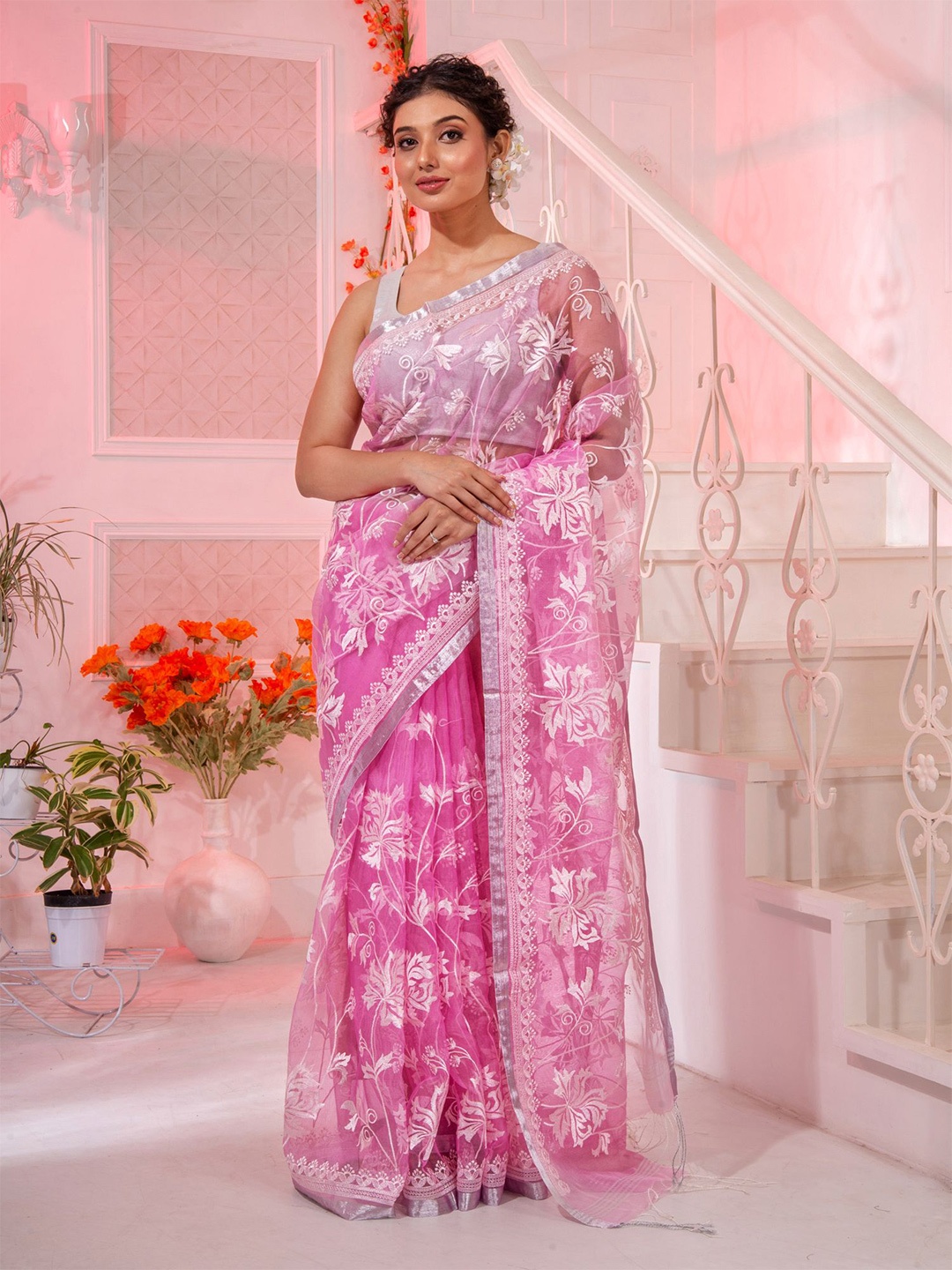 

Charukriti Pink & Silver-Toned Woven Design Zari Pure Silk Saree