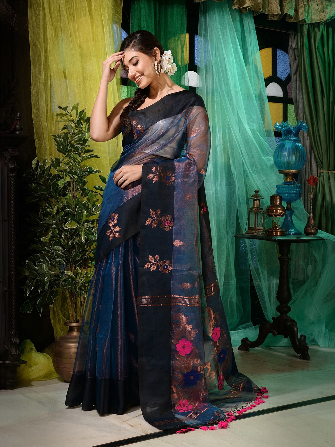 

Charukriti Blue & Copper-Toned Woven Design Zari Pure Silk Saree