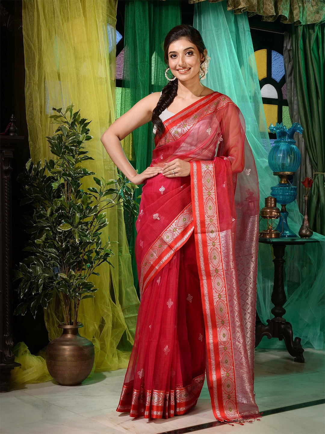 

Charukriti Red & Silver-Toned Woven Design Zari Pure Silk Saree