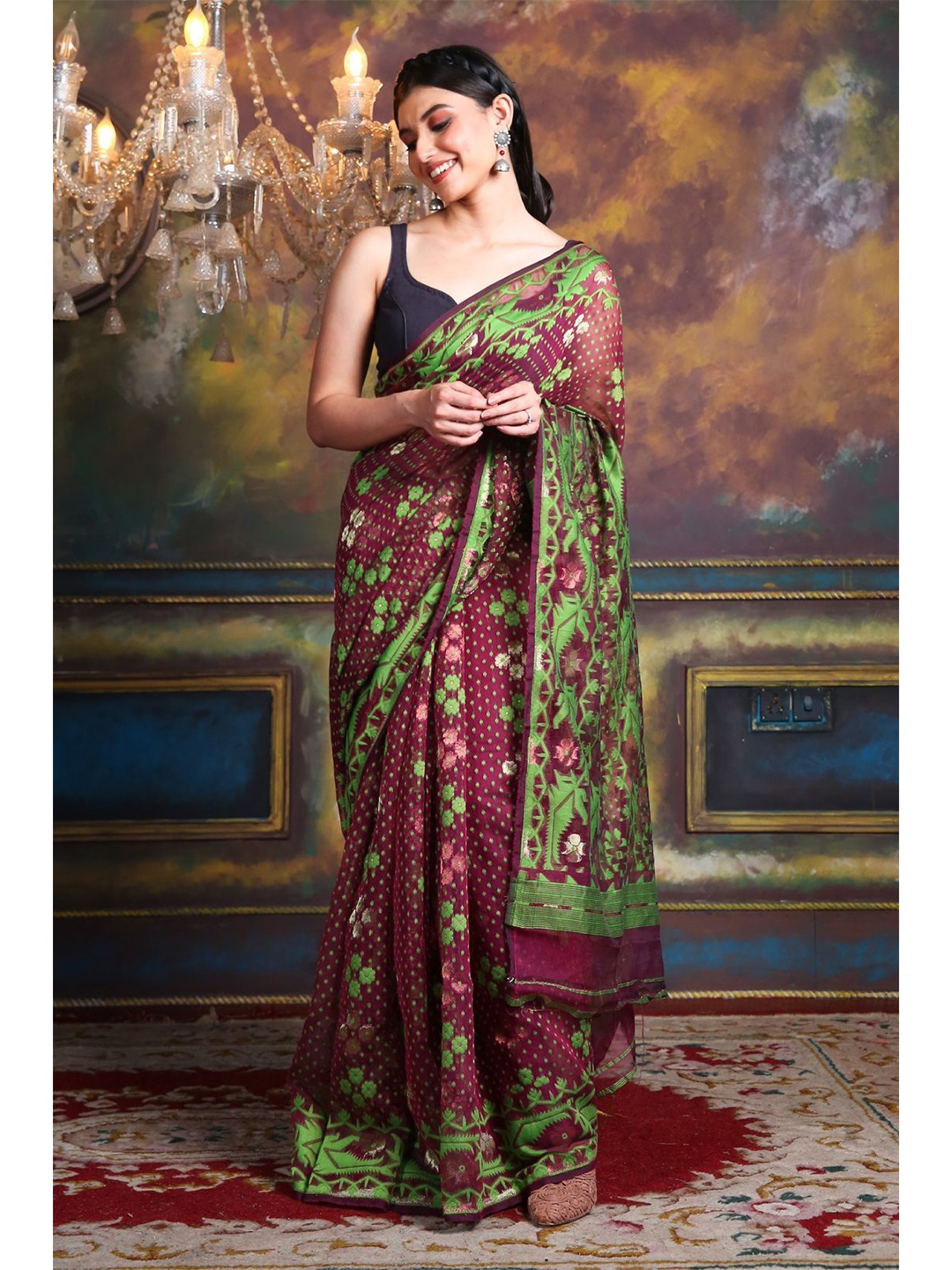 

Charukriti Maroon & Green Woven Design Silk Cotton Jamdani Saree