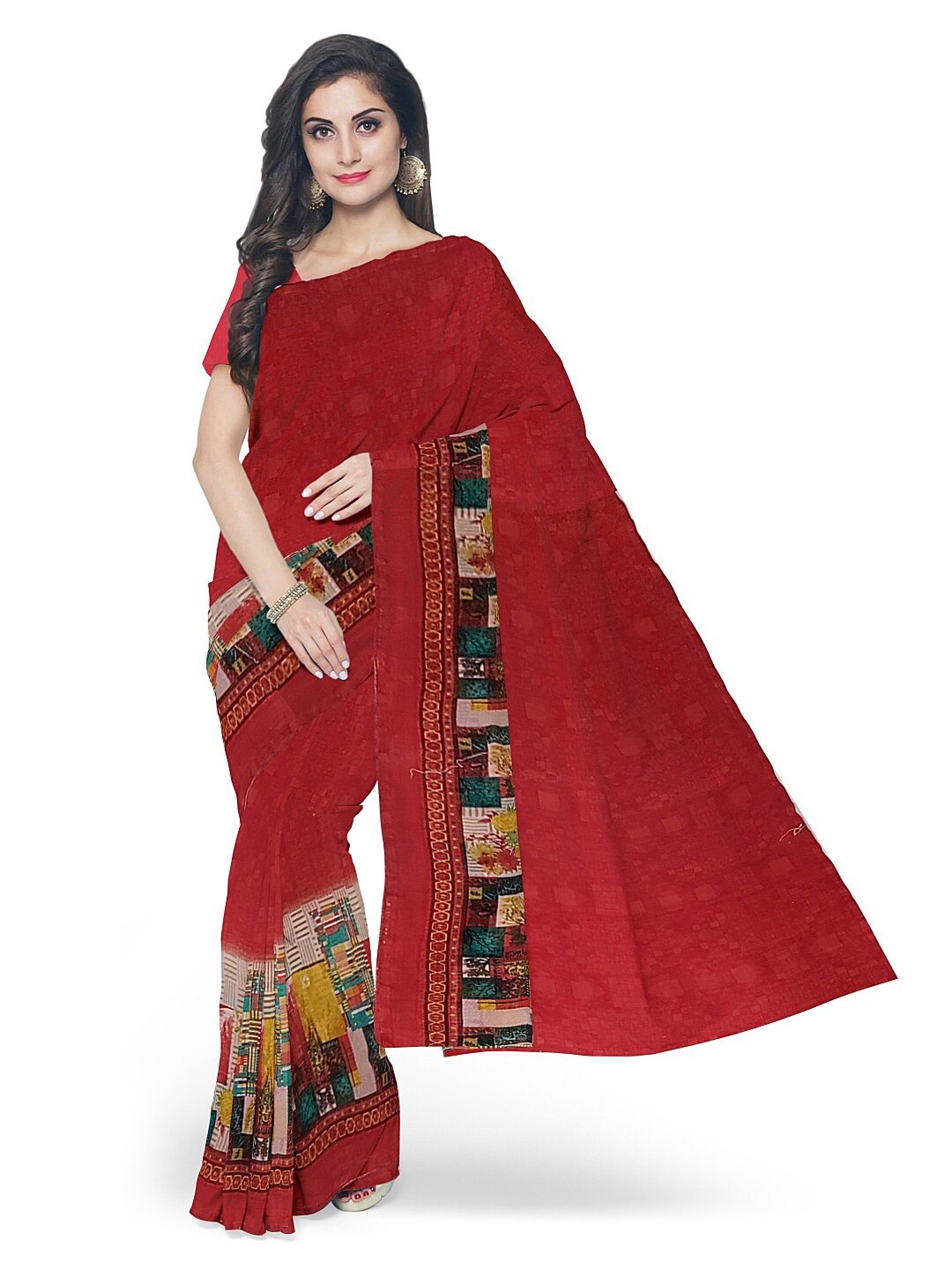 

SAADHVI Red & Beige Colourblocked Pure Georgette Fusion Dharmavaram Saree