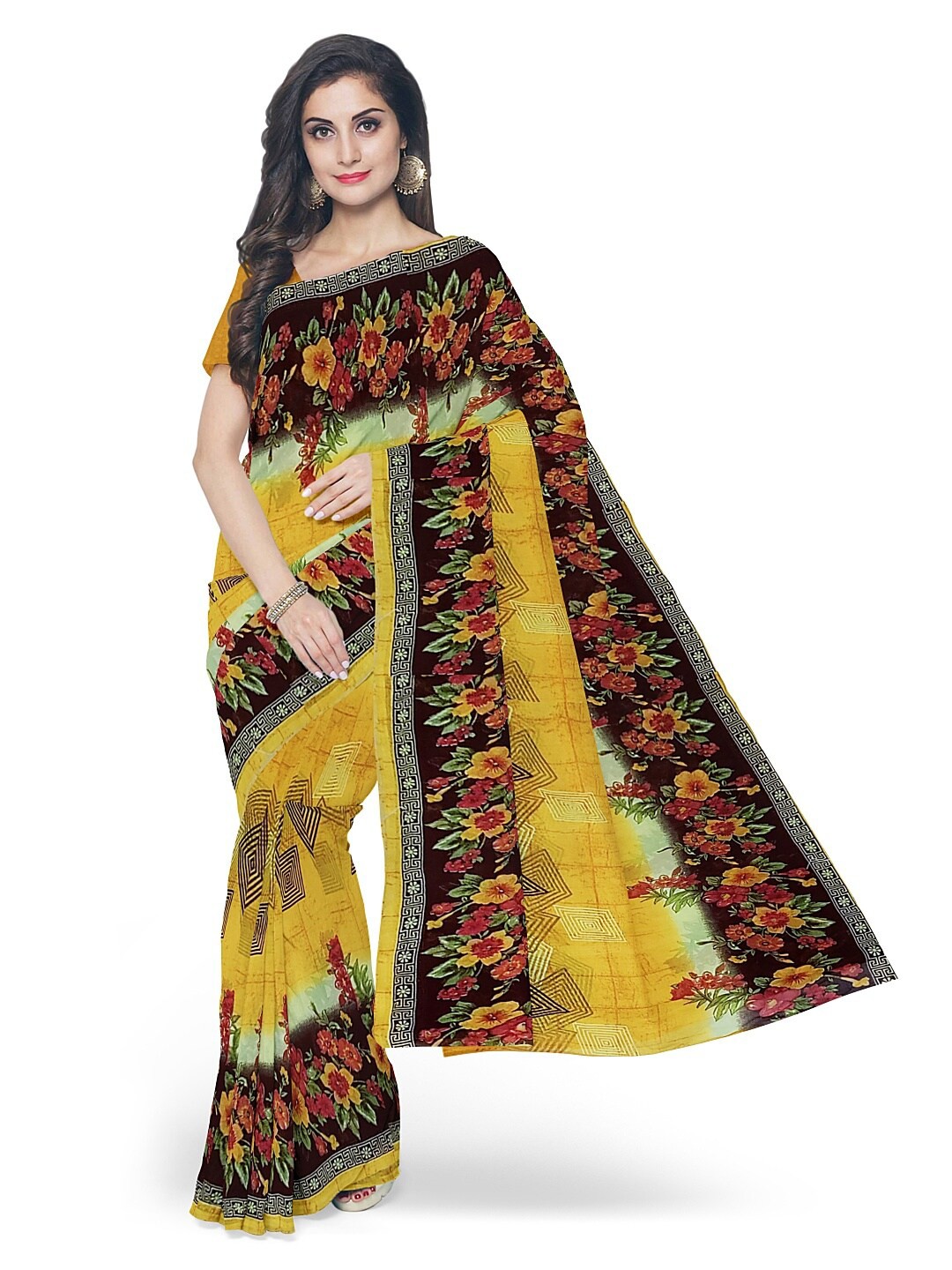 

SAADHVI Yellow & Black Floral Pure Georgette Fusion Dharmavaram Saree