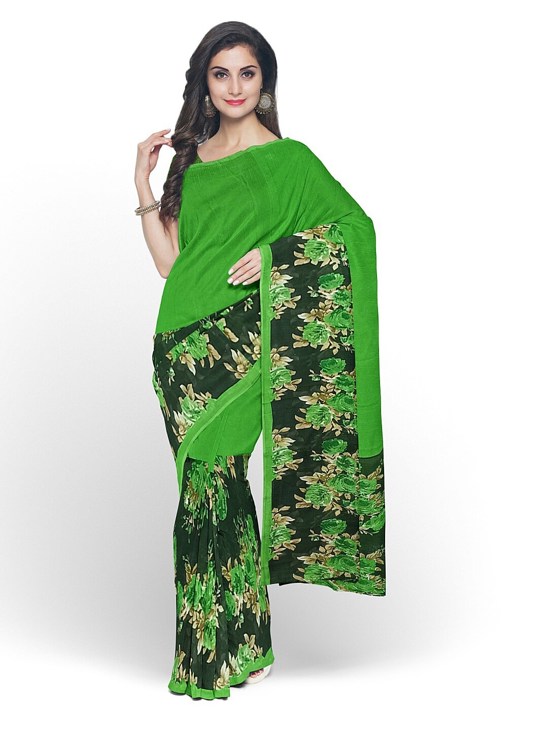 

SAADHVI Green & Black Floral Pure Georgette Saree