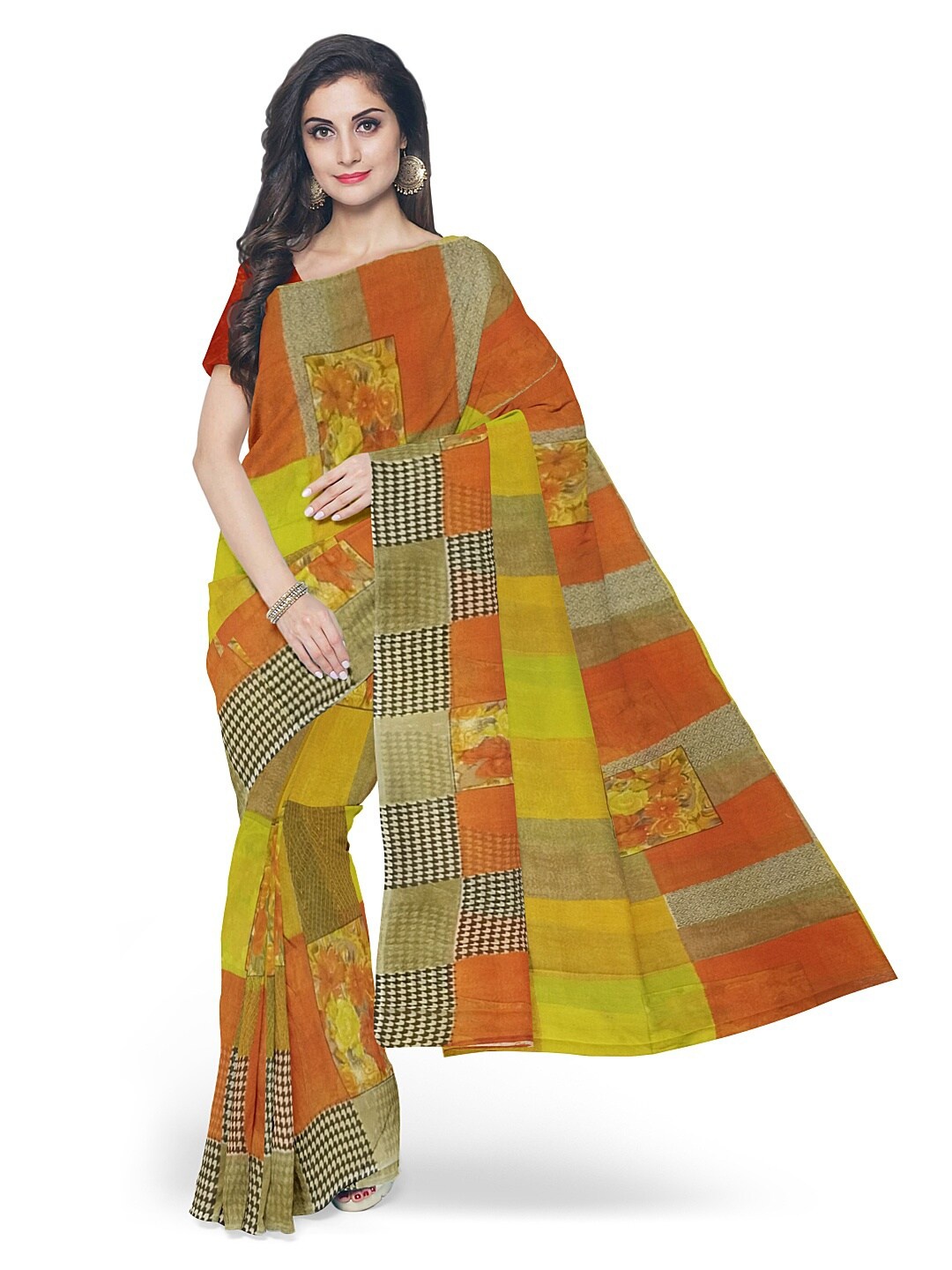 

SAADHVI Yellow & Orange Ethnic Motifs Pure Georgette Fusion Dharmavaram Saree
